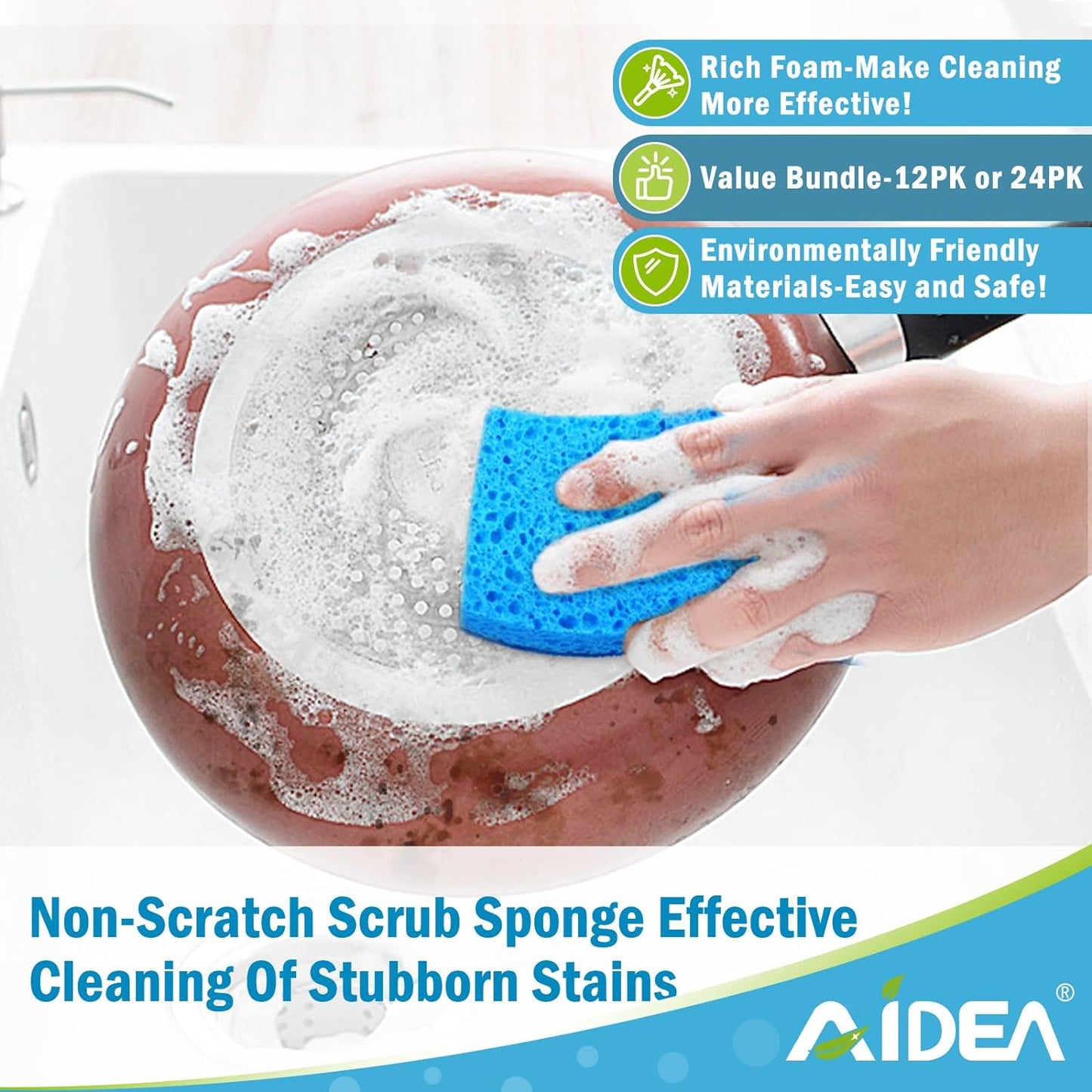 AIDEA Non Scratch Scrub Sponge, 24Count, Sponges for Dishes, Sponges Kitchen, Cleaning Sponge, Cleans Fast without Scratching, Stands up to Stuck-On Grime, Cleaning Power for Everyday Jobs