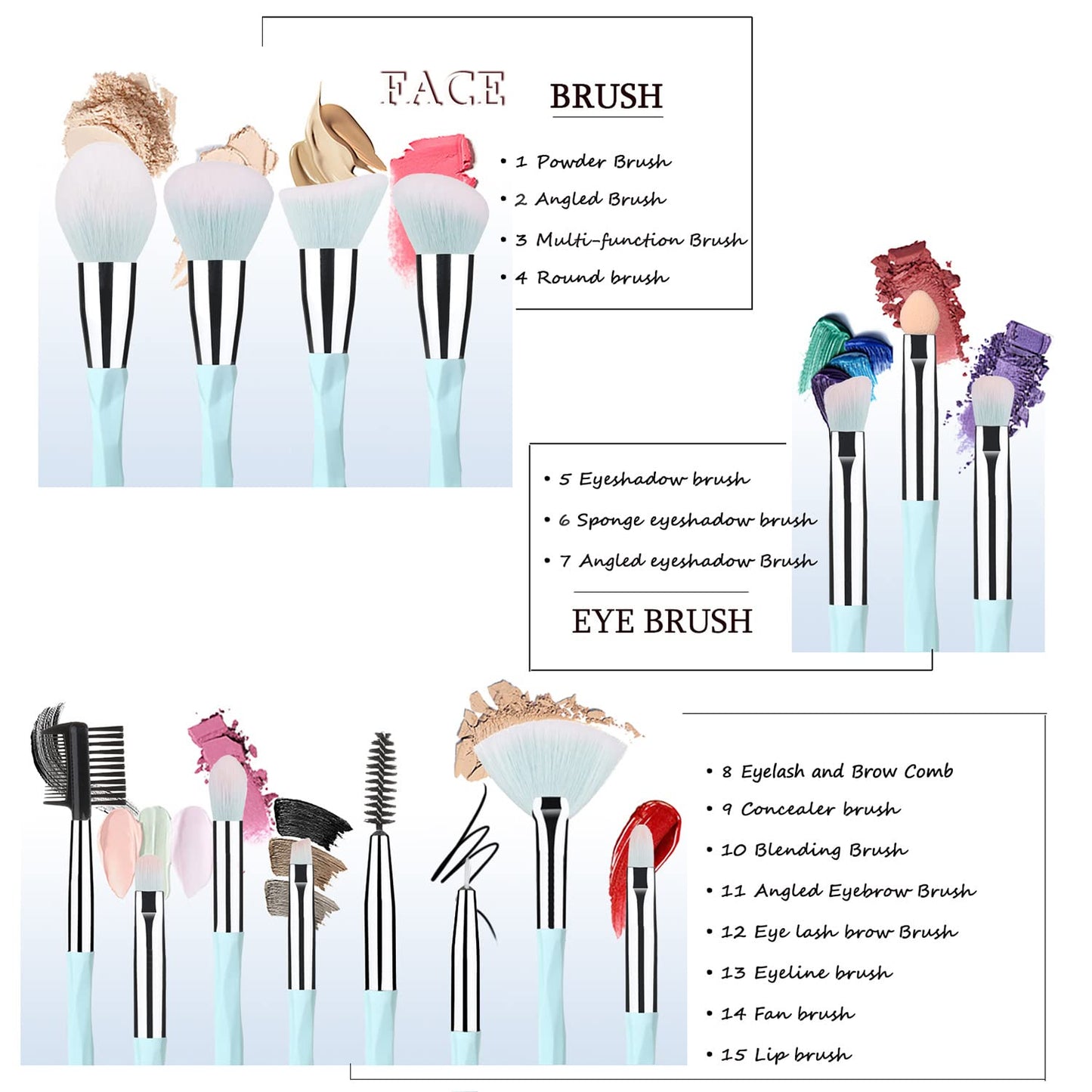 111 Pink Blue Gradient Makeup Brushes and Makeup Sponges Set 18Pcs/Set ,Soft Synthetic Fiber Makeup Brush Set,Suitable for Beginners/Makeup Artists, Valentine'S Day, Christmas Gifts