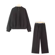 Women’s Fall 2-Piece Retro Set – Zip Bomber Jacket & High-Waist Lace-Up Wide Leg Pants