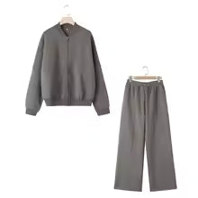 Women’s Fall 2-Piece Retro Set – Zip Bomber Jacket & High-Waist Lace-Up Wide Leg Pants