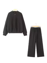 Women’s Fall 2-Piece Retro Set – Zip Bomber Jacket & High-Waist Lace-Up Wide Leg Pants