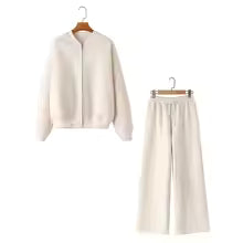 Women’s Fall 2-Piece Retro Set – Zip Bomber Jacket & High-Waist Lace-Up Wide Leg Pants
