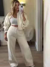 Women’s Fall 2-Piece Retro Set – Zip Bomber Jacket & High-Waist Lace-Up Wide Leg Pants