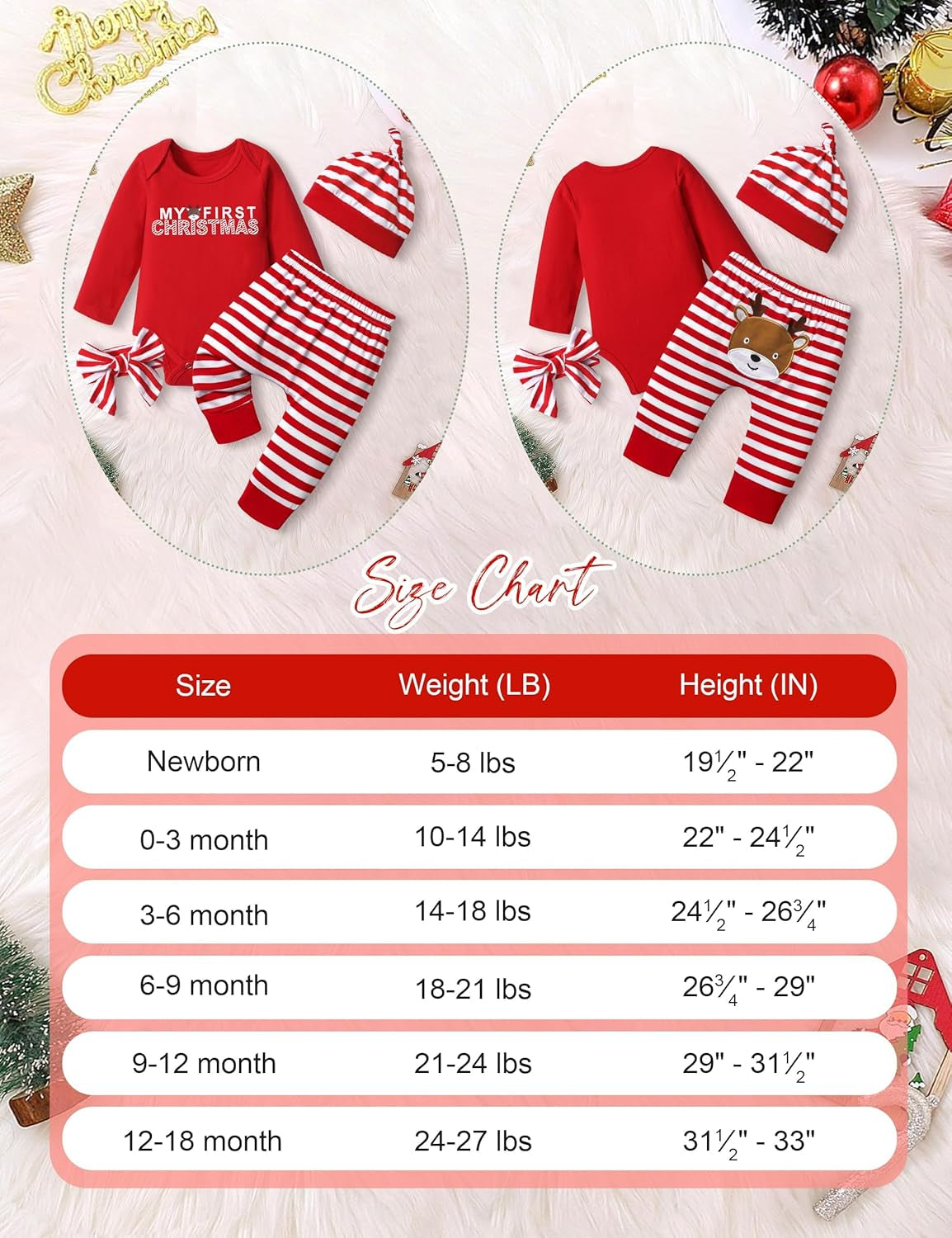 Von Kilizo Baby Girl Christmas Outfit Baby Girl Long Sleeve Rompers Striped Pant Sets My First Christmas Baby Girl Outfit
