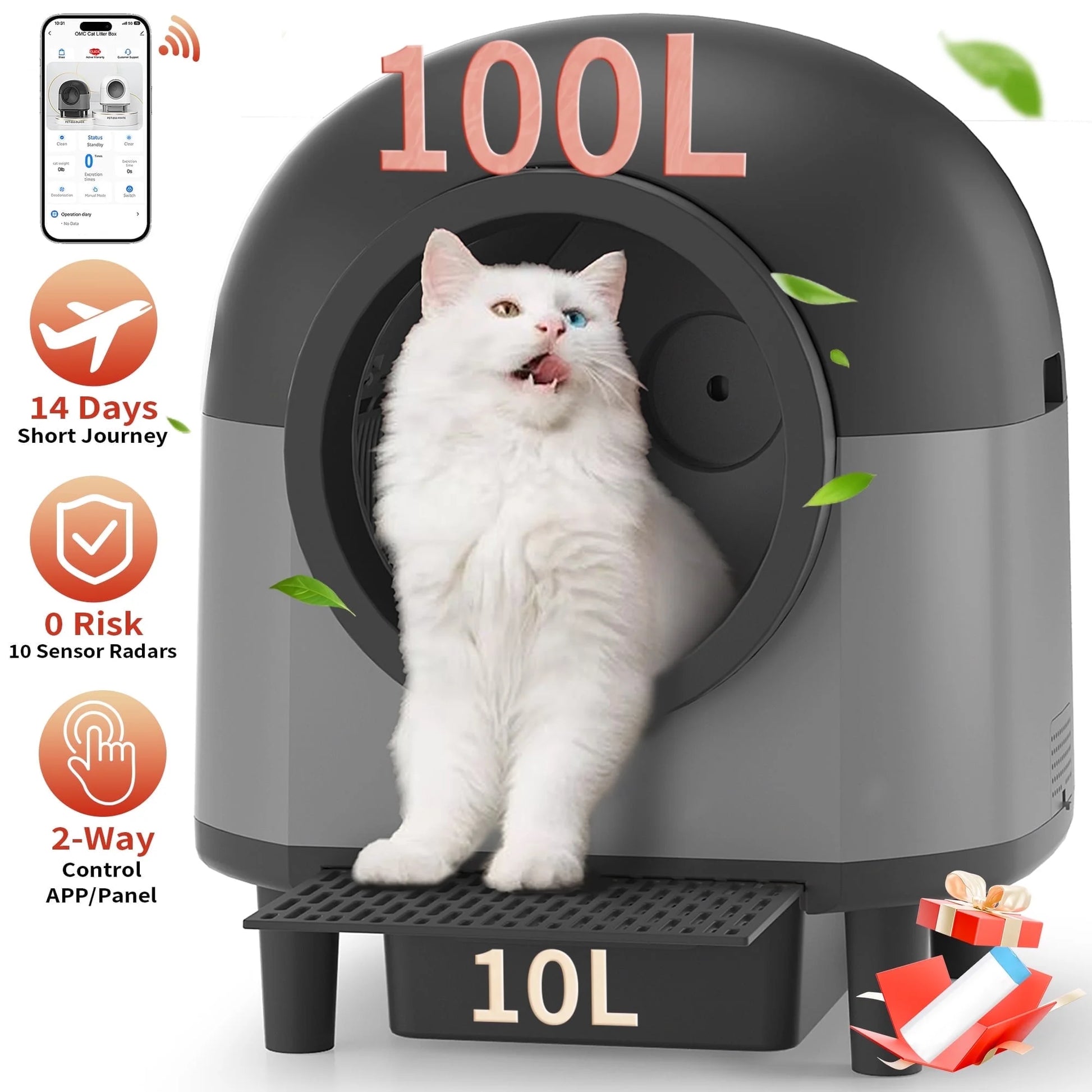Self Cleaning Cat Litter Box, Automatic Smart Litter Box for Multiple Cats with 10 Safety Sensor Radars, 100L Electric Cat Box with App-Control, Odor Control, Quiet Operation, Black