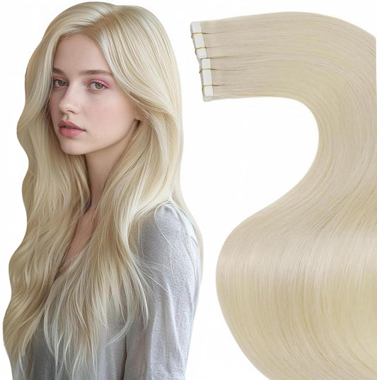 Laavoo Hair Extensions Tape in Human Hair Blonde 26 Inch Long Tape in Hair Extensions Human Hair #613 Bleach Blonde Real Human Hair Tape in Extensions Straight Seamless 20Pcs 50G