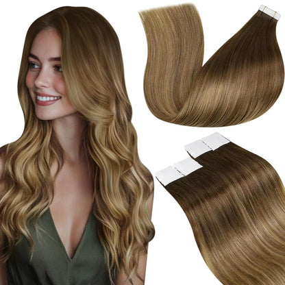 Laavoo Tape in Hair Extensions Human Hair Balayage Tape in Extensions Light Brown to Golden Brown Tape in Human Hair Extensions Real Silky Soft 14 Inch 50G 20Pcs