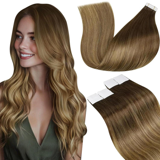 Laavoo Tape in Hair Extensions Human Hair Balayage Tape in Extensions Light Brown to Golden Brown Tape in Human Hair Extensions Real Silky Soft 14 Inch 50G 20Pcs