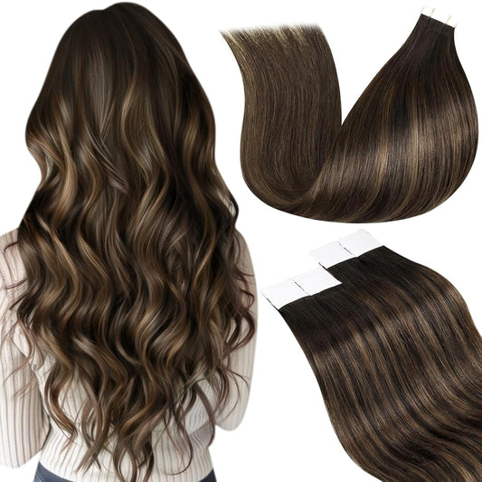 Laavoo Tape in Hair Extensions Human Hair Balayage Tape Hair Extensions Ombre Dark Brown to Light Brown Hair Extensions Tape in Real Human Hair 22 Inch 50G/20Pcs