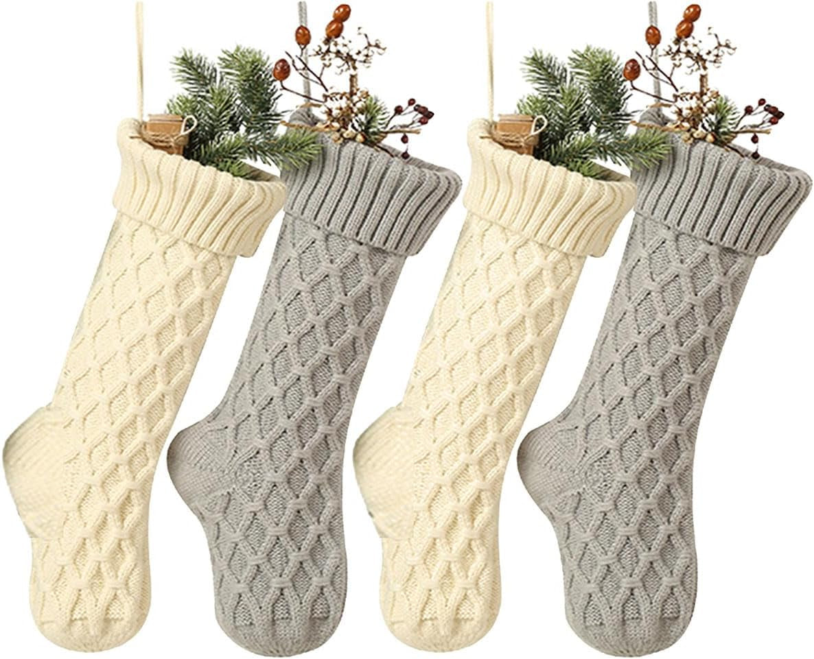 Free Yoka Christmas Stockings Cable Knit Argyle Xmas Stockings 18 Inches Large Size Personalized Ivory White and Gray for Family Holiday Season Decor 4 Pack