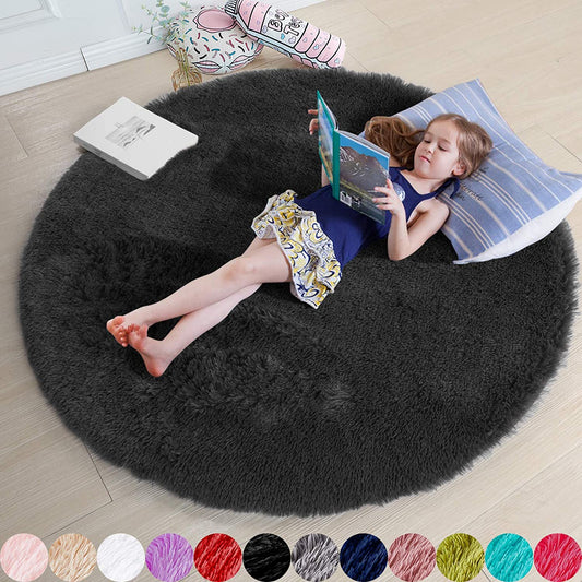 Black round Rug 6Ft for Bedroom Aesthetic, Fluffy Plush Circle Area Rugs for Living Room, Large Big Fuzzy Modern Cool Carpet for Baby Kids Teen Boys Mens, Office Playroom Nursery Apartment Home Decor