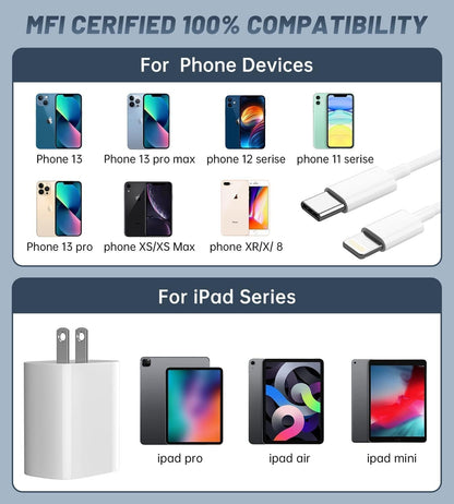 Fast Charging iPhone Charger - 20W MFi Certified USB-C Wall Charger with 10FT Type C to Lightning Cable, Compatible with iPhone 14/13/12 Pro Max/11/Xs/Max/Xr