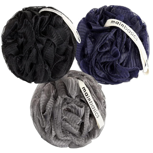 Mainbasics Bath Shower Loofah Sponge Pouf Body Scrubber Exfoliator Body Wash Sponge (Set of 3, Black Ice)
