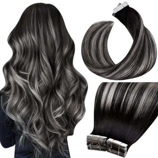 Laavoo Ombre Tape in Hair Extensions Human Hair Tape in Extensions Full Head 100G Tape Ins Human Hair Extensions Balayage off Black to Silver with Black 18 Inch 40Pcs