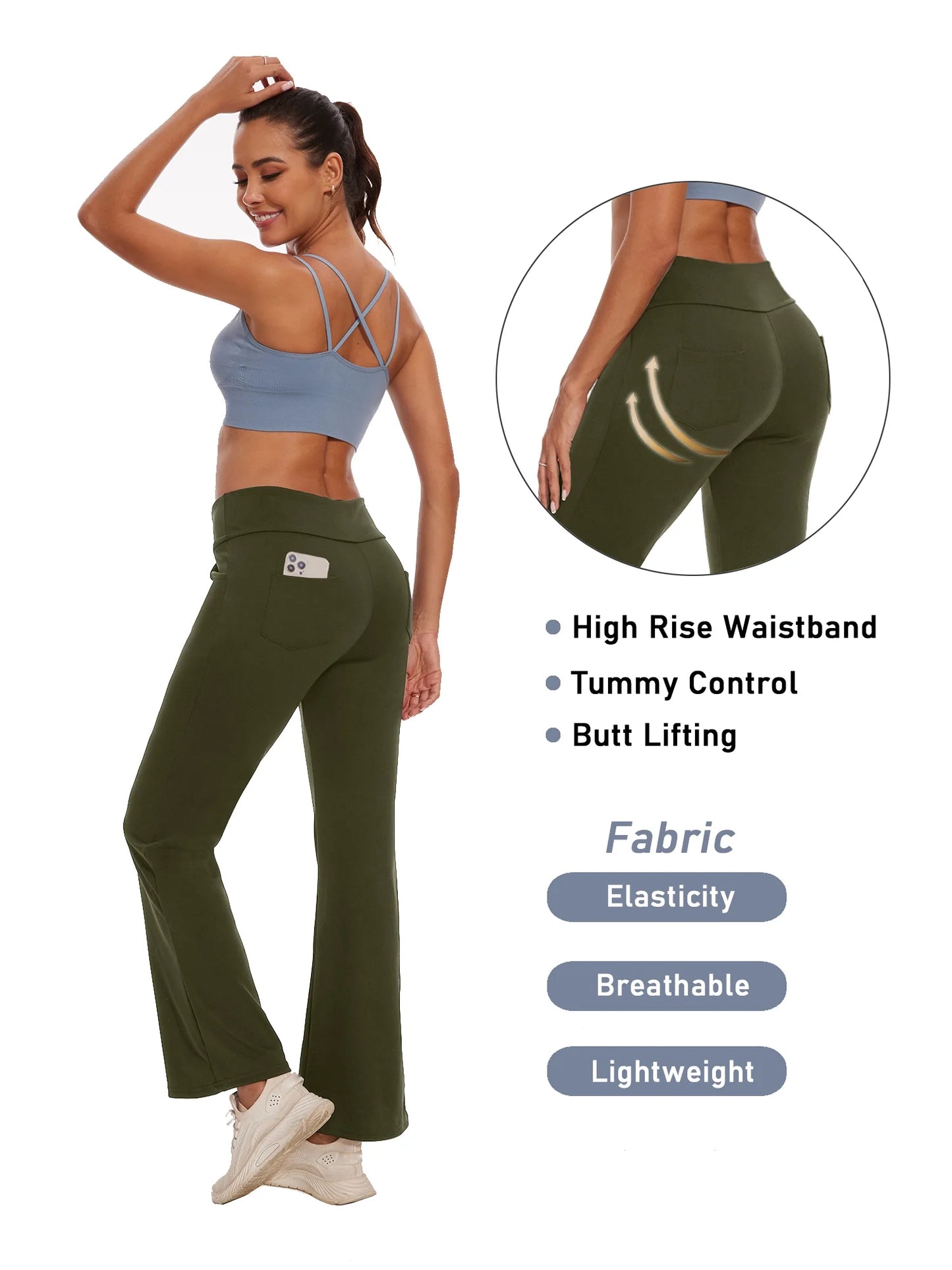 Womens Bootcut Yoga Pants with Pockets Flare Workout Legging High Waist Bootleg Bottoms Activewear Green XL