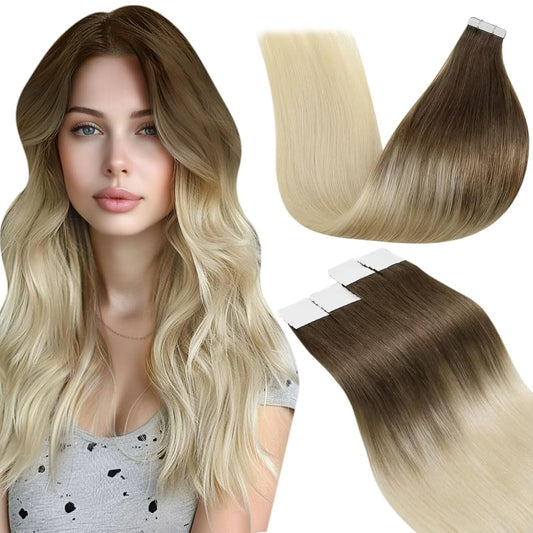 Laavoo Human Hair Tape in Extensions Light Brown Fading to Light Blonde Ombre Tape in Human Hair Extensions Balayage Hair 20Pcs 50G 22Inch