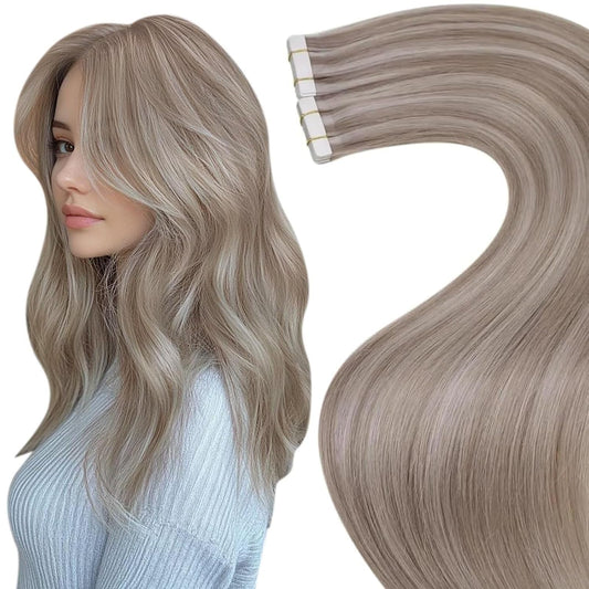 Laavoo Human Hair Tape in Extensions Invisible Tape in Hair Extensions Human Hair Dirty Blonde Highlights with Platinum Blonde Hair Extensions Tape in Human Hair Skin Weft 18 Inch 20Pcs 50G