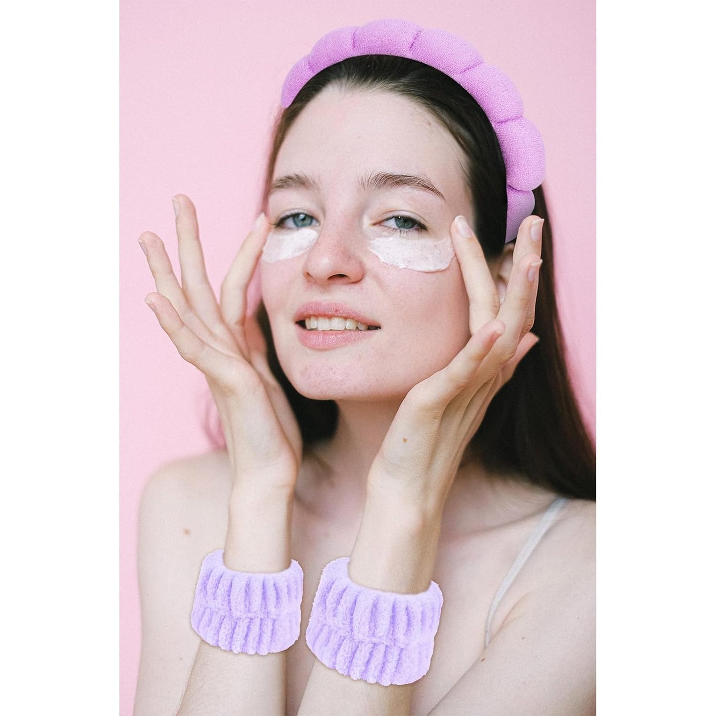 Ondder Pink Spa Headband and Wristband Set Makeup Spa Headband for Washing Face Bubble Skin Care Headbands Face Wash Sponge Puffy Headband Head Bands Hair Accessories for Women Girls