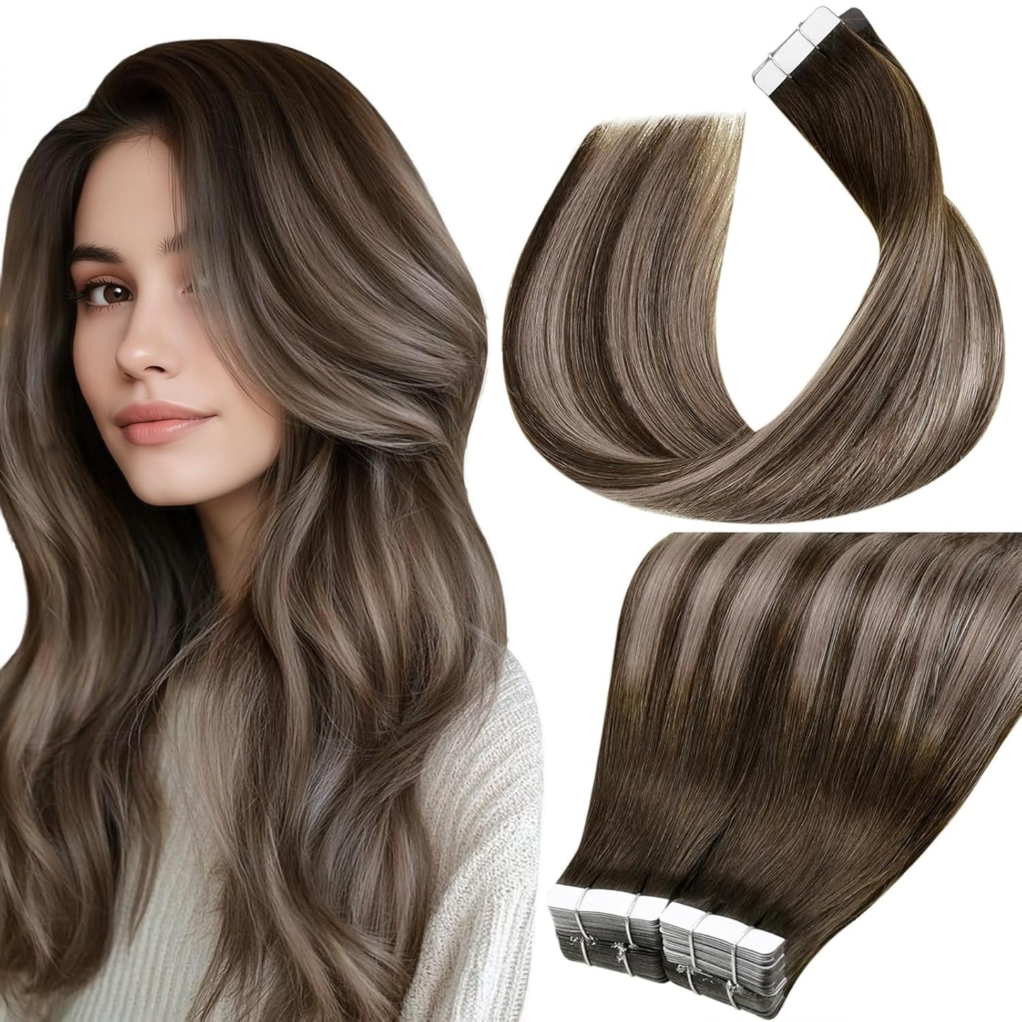 Laavoo Human Hair Tape in Extensions Dark Brown Ombre Tape in Hair Extensions Human Hair 100G Brown to Ash Blonde with Brown 20 Inch 40Pcs