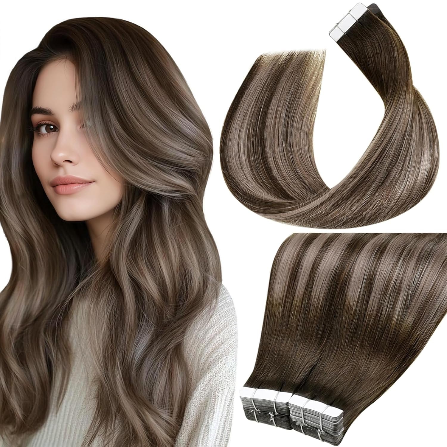 Laavoo Human Hair Tape in Extensions Dark Brown Ombre Tape in Hair Extensions Human Hair 100G Brown to Ash Blonde with Brown 20 Inch 40Pcs