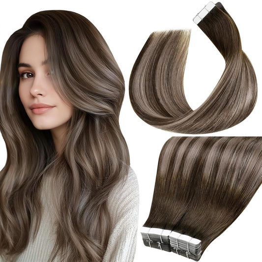 Laavoo Human Hair Tape in Extensions Dark Brown Ombre Tape in Hair Extensions Human Hair 100G Brown to Ash Blonde with Brown 20 Inch 40Pcs