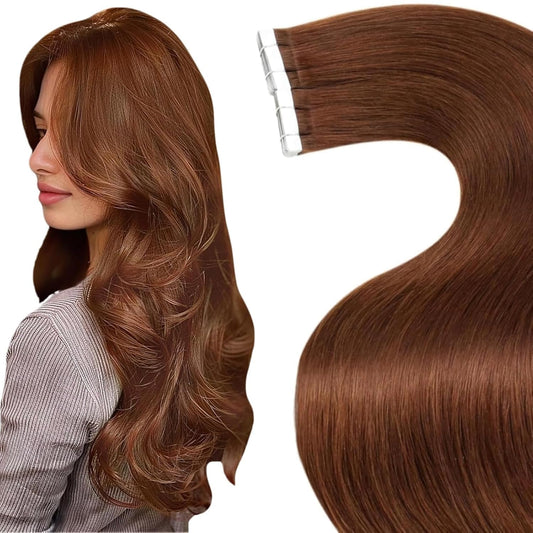 Laavoo Tape in Hair Extensions Human Hair Auburn Brown Tape Ins Human Hair Extensions Auburn Seamless Tape in Human Hair Extensions Auburn Hair Extensions Tape in 20Pcs 50G 22Inch