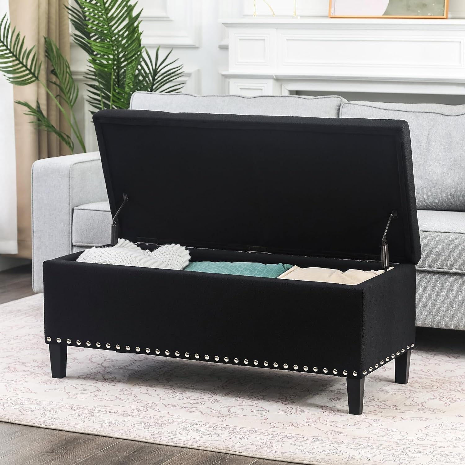 Joveco 41 Inches Storage Ottoman Bench,Microfiber Button Tufted Footstool Ottoman Bench with Nailhead Trim for Bedroom (Royal Blue)