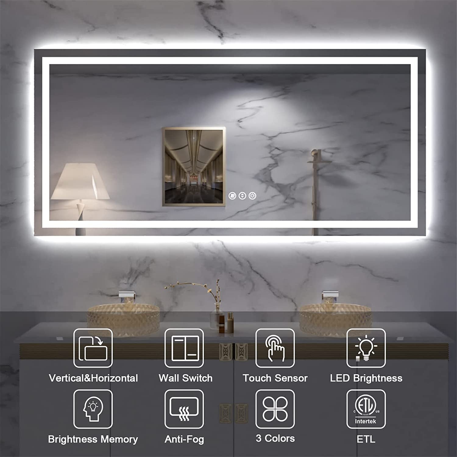 Amorho 60" X40" LED Bathroom Mirror with Black Frame, Front Light and Backlit(Controlled Separately), Stepless Dimmable, Anti-Fog, Shatter-Proof, 3 Colors, Memory