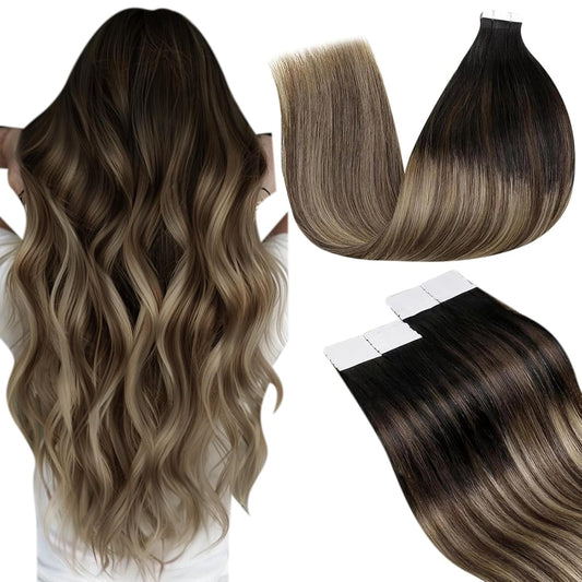 Laavoo Tape in Hair Extensions Human Hair Ombre Tape in Extensions Human Hair Natural Black to Chestnut Brown Mixed Caramel Blonde Tape Ins Human Hair Extensions Straight Remy Hair 16Inch 20Pcs/50G
