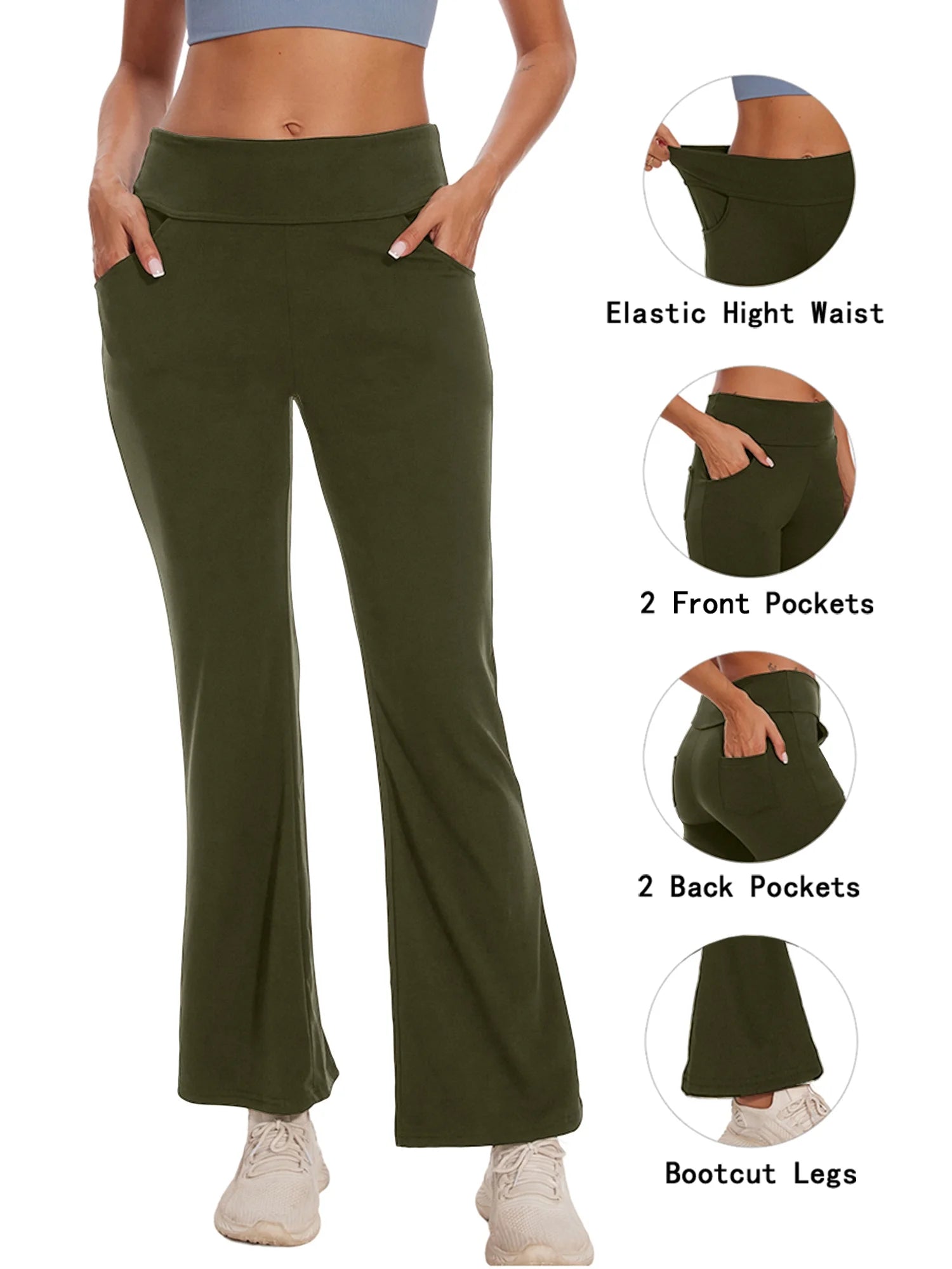 Womens Bootcut Yoga Pants with Pockets Flare Workout Legging High Waist Bootleg Bottoms Activewear Green XL