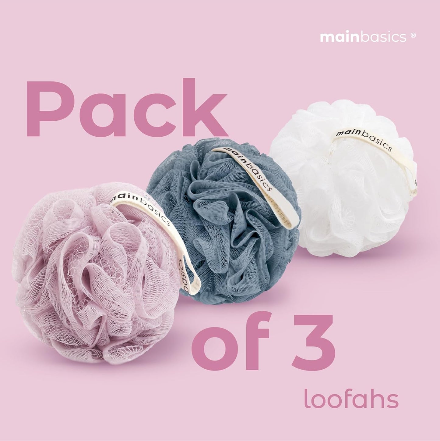 Mainbasics Bath Shower Loofah Sponge Pouf Body Scrubber Exfoliator Body Wash Sponge (Set of 3, Totally Taupe)