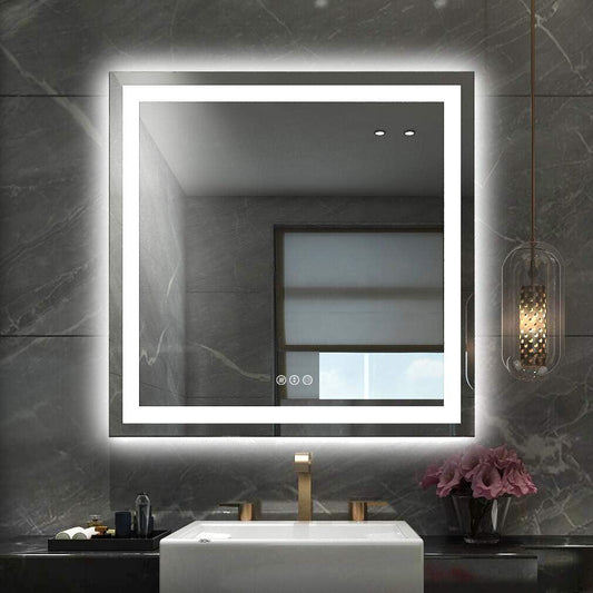 Amorho LED Bathroom Mirror 36"X 36" with Front and Backlight, Stepless Dimmable Wall Mirrors with Anti-Fog, Shatter-Proof, Memory, 3 Colors, Double LED Vanity Mirror