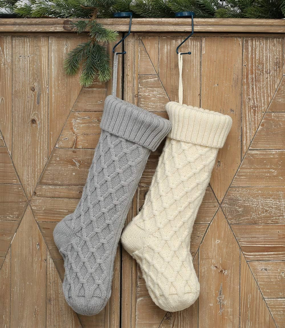 Free Yoka Christmas Stockings Cable Knit Argyle Xmas Stockings 18 Inches Large Size Personalized Ivory White and Gray for Family Holiday Season Decor 4 Pack