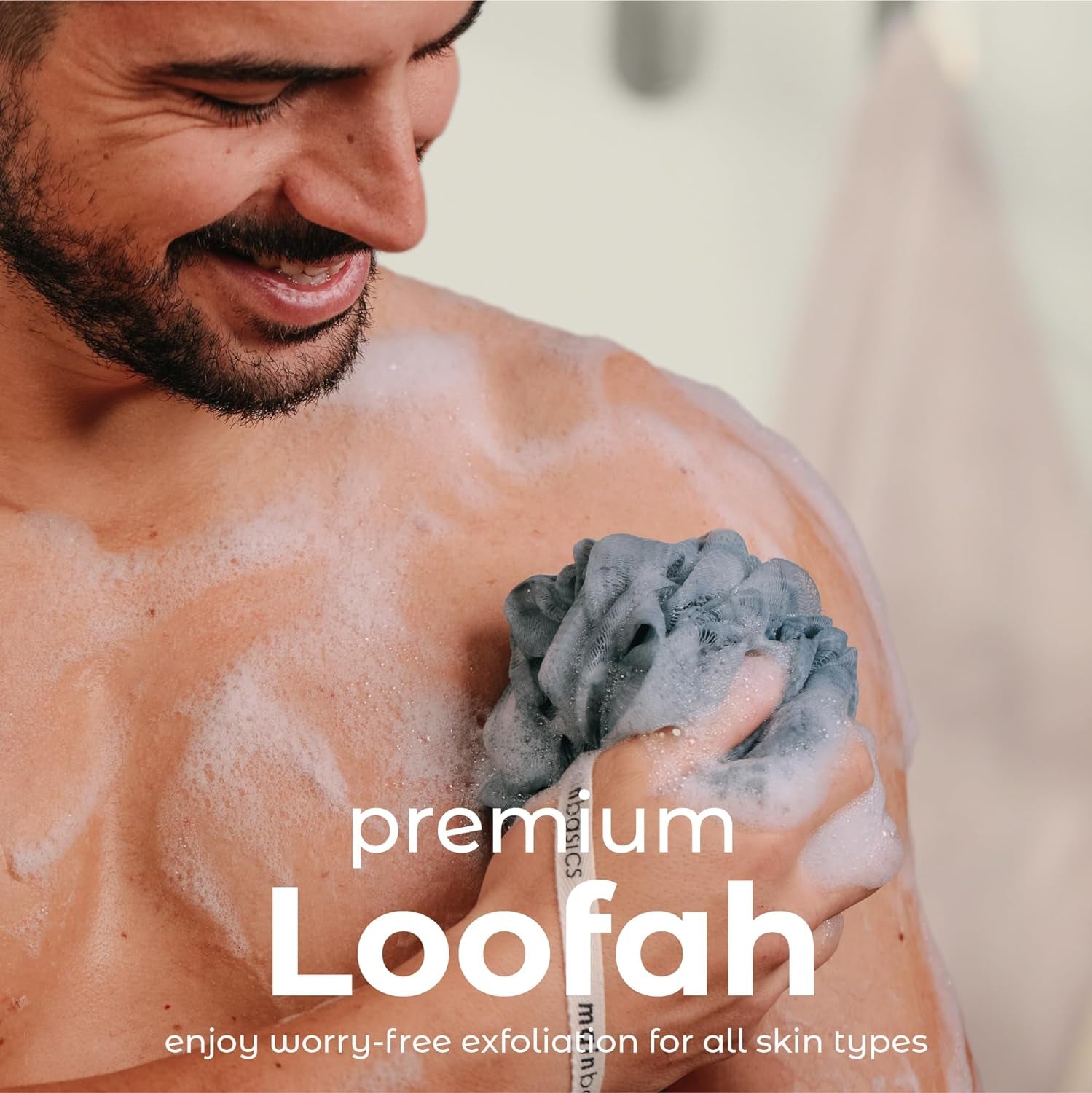 Mainbasics Bath Shower Loofah Sponge Pouf Body Scrubber Exfoliator Body Wash Sponge (Set of 3, Totally Taupe)
