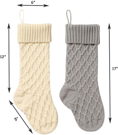 Free Yoka Christmas Stockings Cable Knit Argyle Xmas Stockings 18 Inches Large Size Personalized Ivory White and Gray for Family Holiday Season Decor 4 Pack