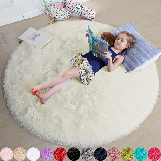 Amdrebio Ivory White round Circle Rug 6Ft for Kids Bedroom Aesthetic, Big Washable Fluffy Fuzzy Area Rugs for Living Room, Circular Plush Soft Shaggy Cream Carpet for Baby Nursery Teen Girls Boys