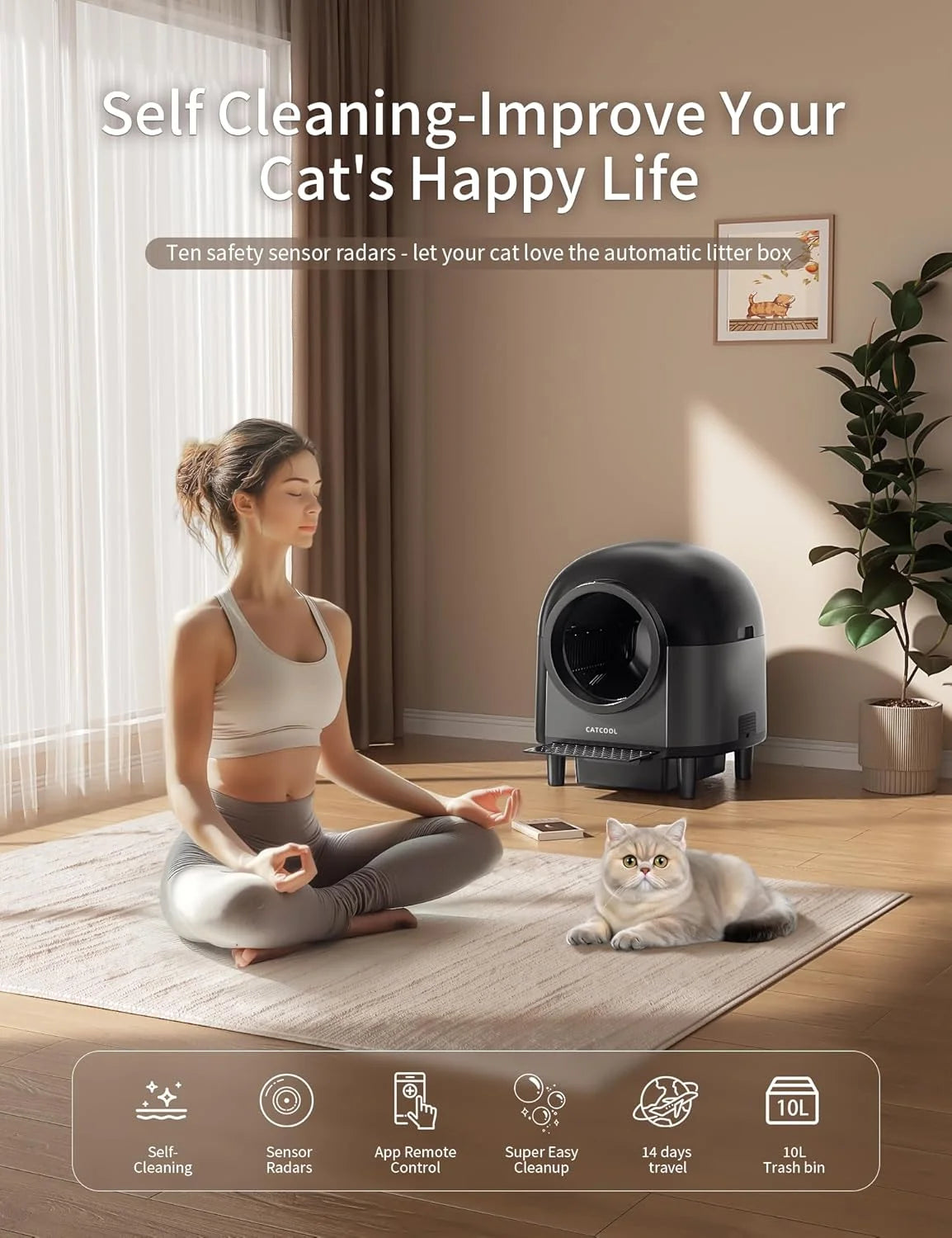 Self Cleaning Cat Litter Box, Automatic Smart Litter Box for Multiple Cats with 10 Safety Sensor Radars, 100L Electric Cat Box with App-Control, Odor Control, Quiet Operation, Black