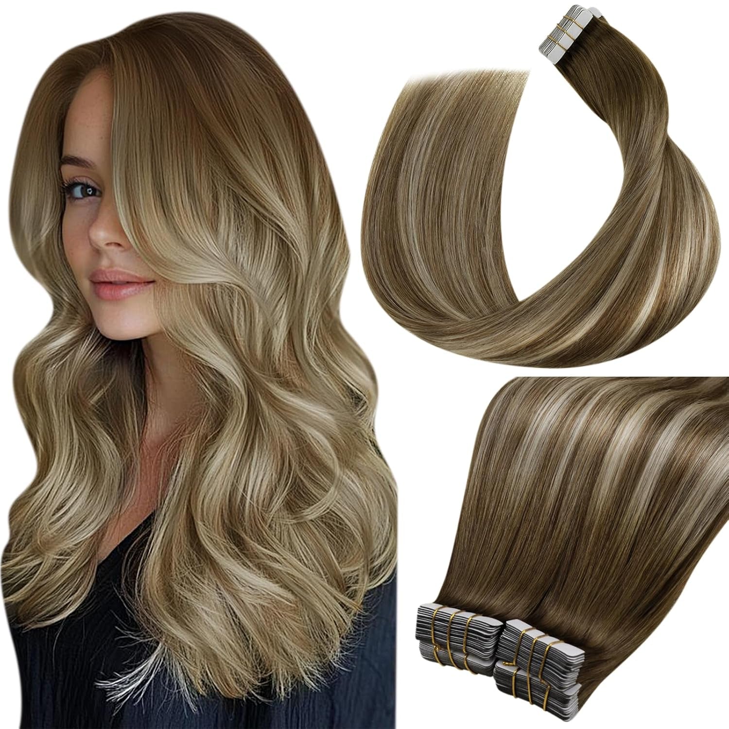 Laavoo Tape in Hair Extensions Ombre Brown Tape in Human Hair Extensions Dark Brown to Light Brown Mixed Blonde Hair Extensions Tape in Human Hair Full Head 14 Inch 40Pcs 100G