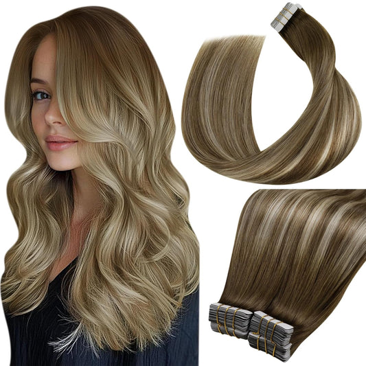 Laavoo Tape in Hair Extensions Ombre Brown Tape in Human Hair Extensions Dark Brown to Light Brown Mixed Blonde Hair Extensions Tape in Human Hair Full Head 14 Inch 40Pcs 100G