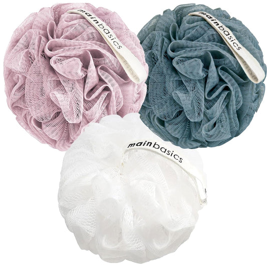 Mainbasics Bath Shower Loofah Sponge Pouf Body Scrubber Exfoliator Body Wash Sponge (Set of 3, Airy Blossom)