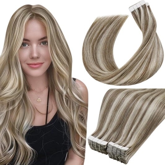 Laavoo Tape in Hair Extensions Human Hair Highlights Human Hair Extensions Tape in Platinum Blonde Highlights with Ash Brown 20 Inch 40Pcs 100G