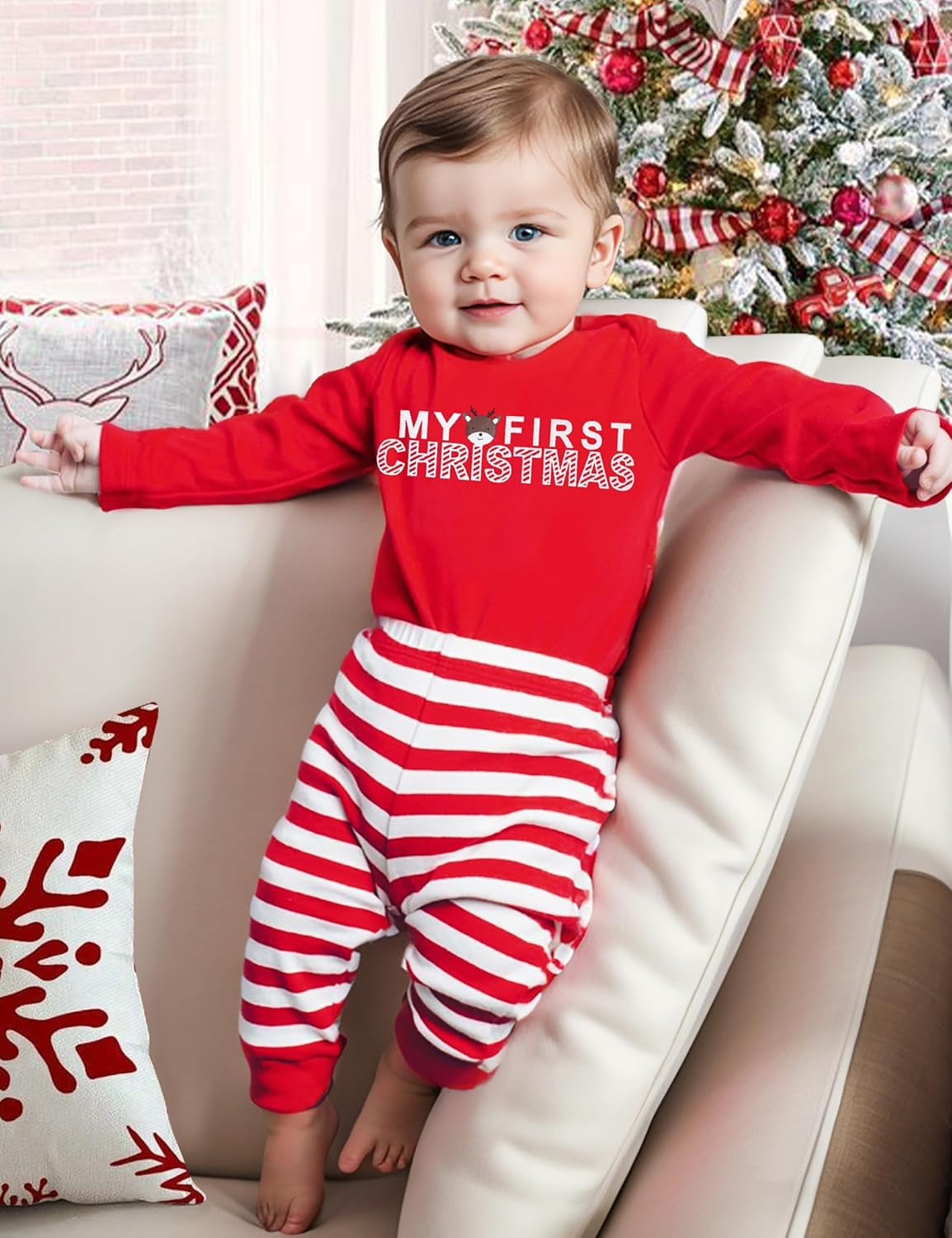 Von Kilizo Baby Girl Christmas Outfit Baby Girl Long Sleeve Rompers Striped Pant Sets My First Christmas Baby Girl Outfit