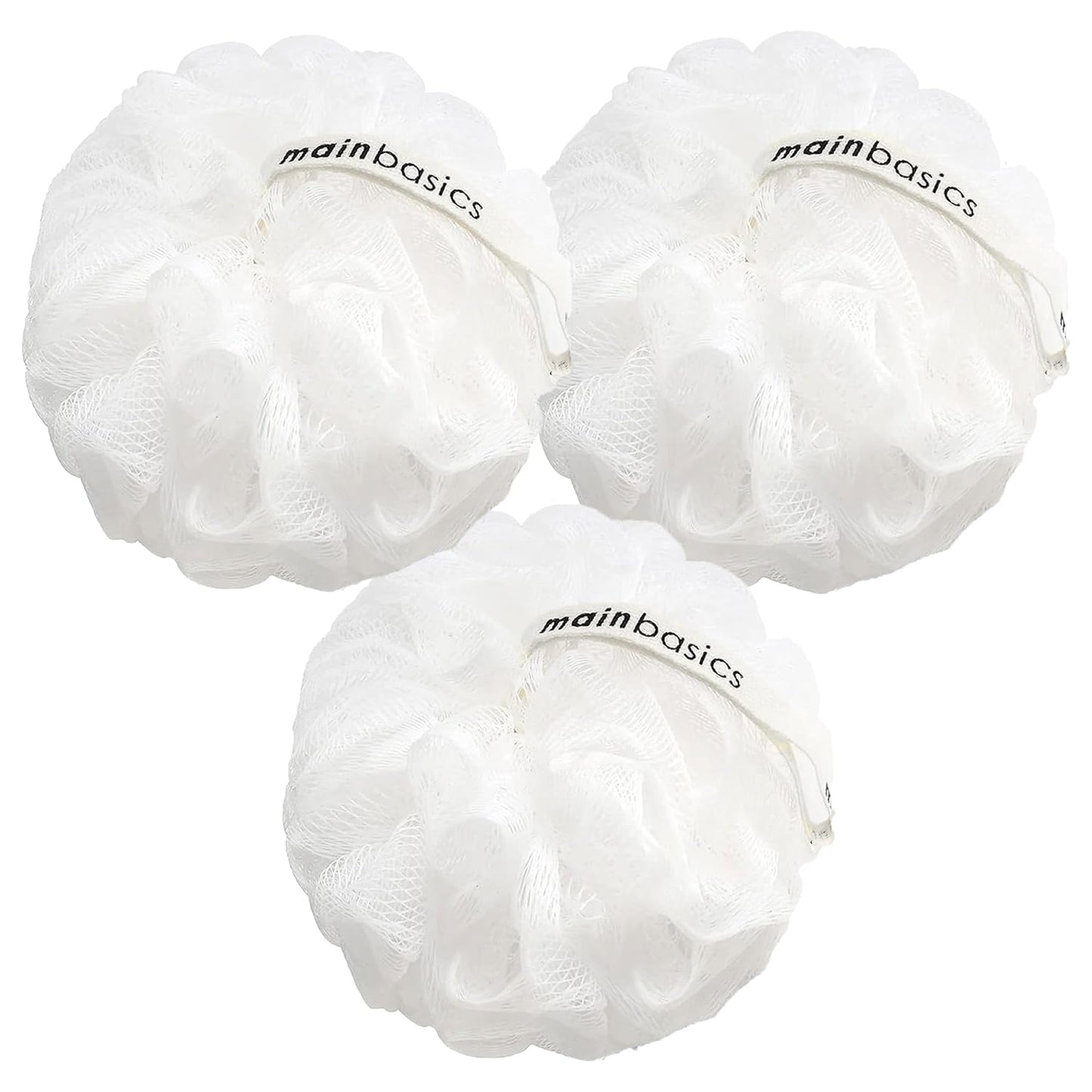 Mainbasics Bath Shower Loofah Sponge Pouf Body Scrubber Exfoliator Body Wash Sponge (Set of 3, Snow White)
