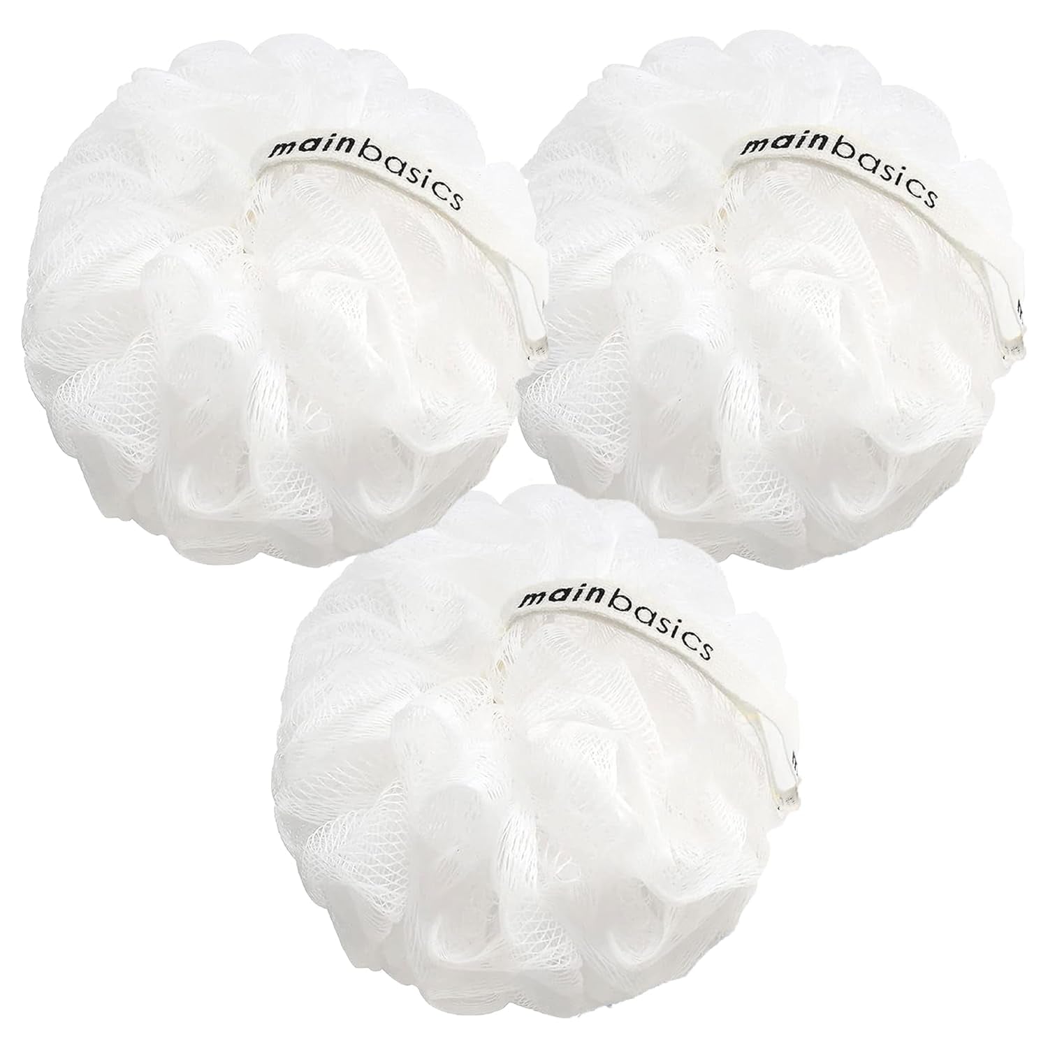 Mainbasics Bath Shower Loofah Sponge Pouf Body Scrubber Exfoliator Body Wash Sponge (Set of 3, Snow White)
