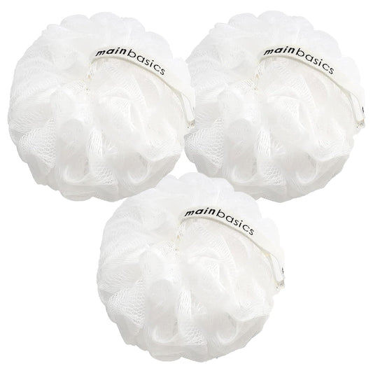Mainbasics Bath Shower Loofah Sponge Pouf Body Scrubber Exfoliator Body Wash Sponge (Set of 3, Snow White)