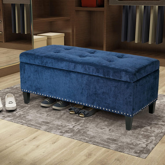 Joveco 41 Inches Storage Ottoman Bench,Microfiber Button Tufted Footstool Ottoman Bench with Nailhead Trim for Bedroom (Royal Blue)