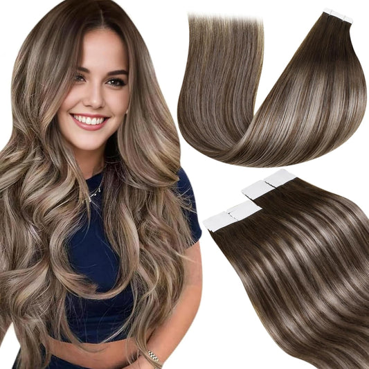 Laavoo Tape in Extensions Human Hair Ombre Invisible Tape in Hair Extensions Real Human Hair Tape in Extensions Dark Brown to Ash Blonde Mix Brown Soft Skin Weft 20Pcs 50G 14Inch