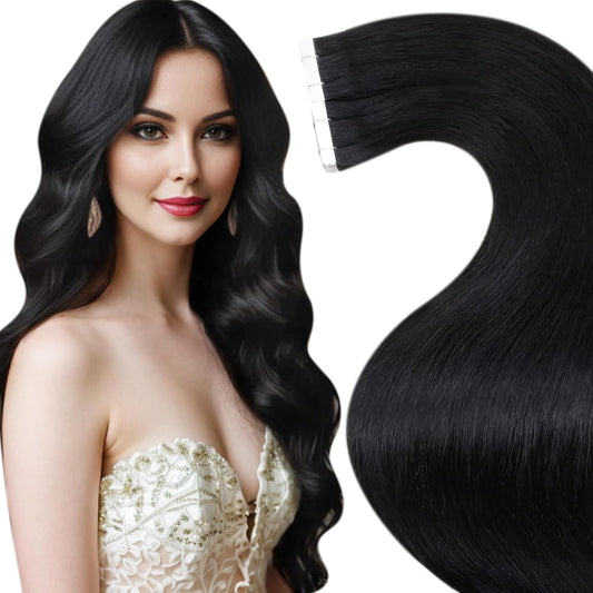 Laavoo Tape in Hair Extensions Human Hair Natural Black Tapes in Extensions Real Human Hair Extensions Tape in Black Hair Extensions Silky Straight 18Inch 50G 20Pcs