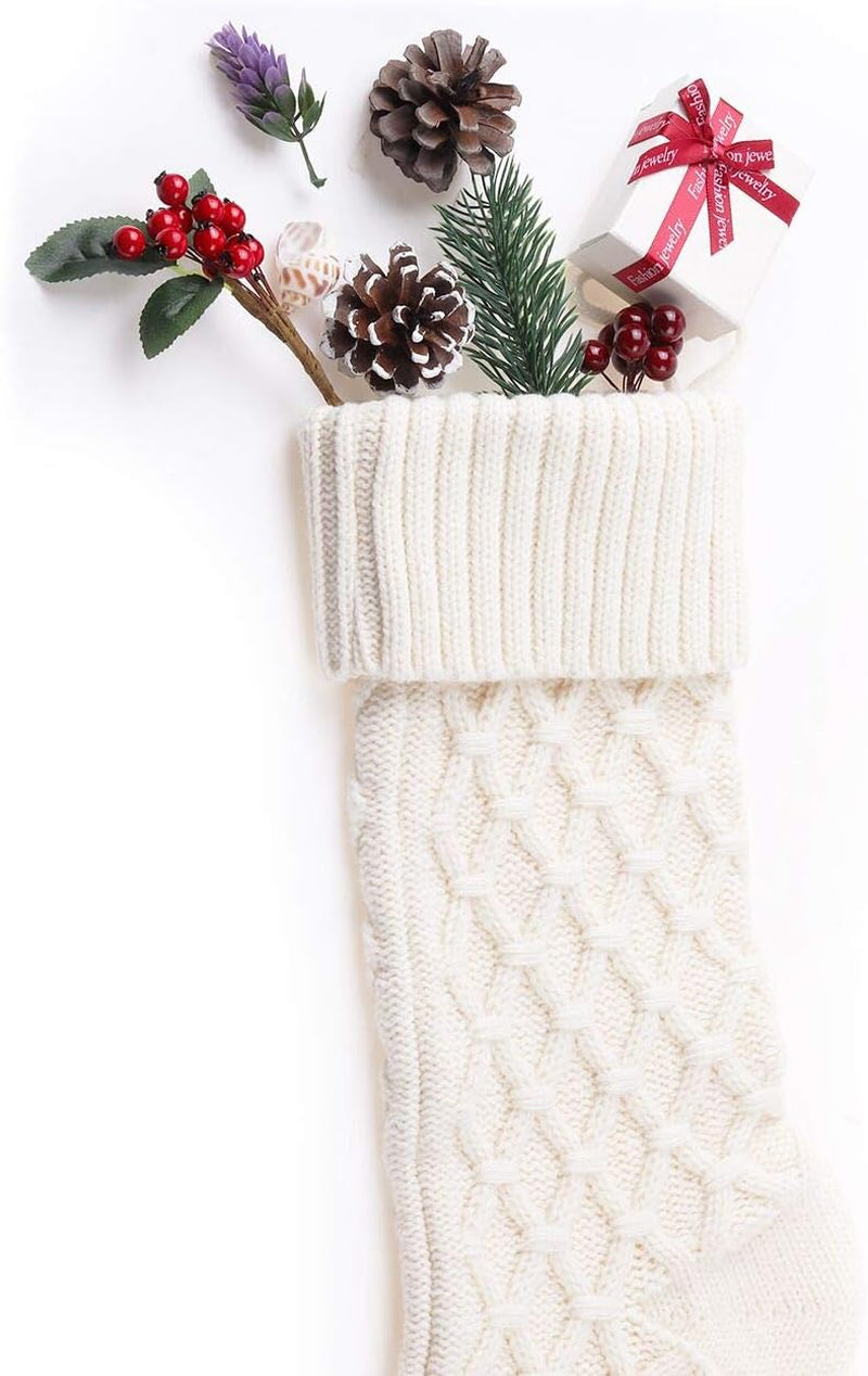 Free Yoka Christmas Stockings Cable Knit Argyle Xmas Stockings 18 Inches Large Size Personalized Ivory White and Gray for Family Holiday Season Decor 4 Pack