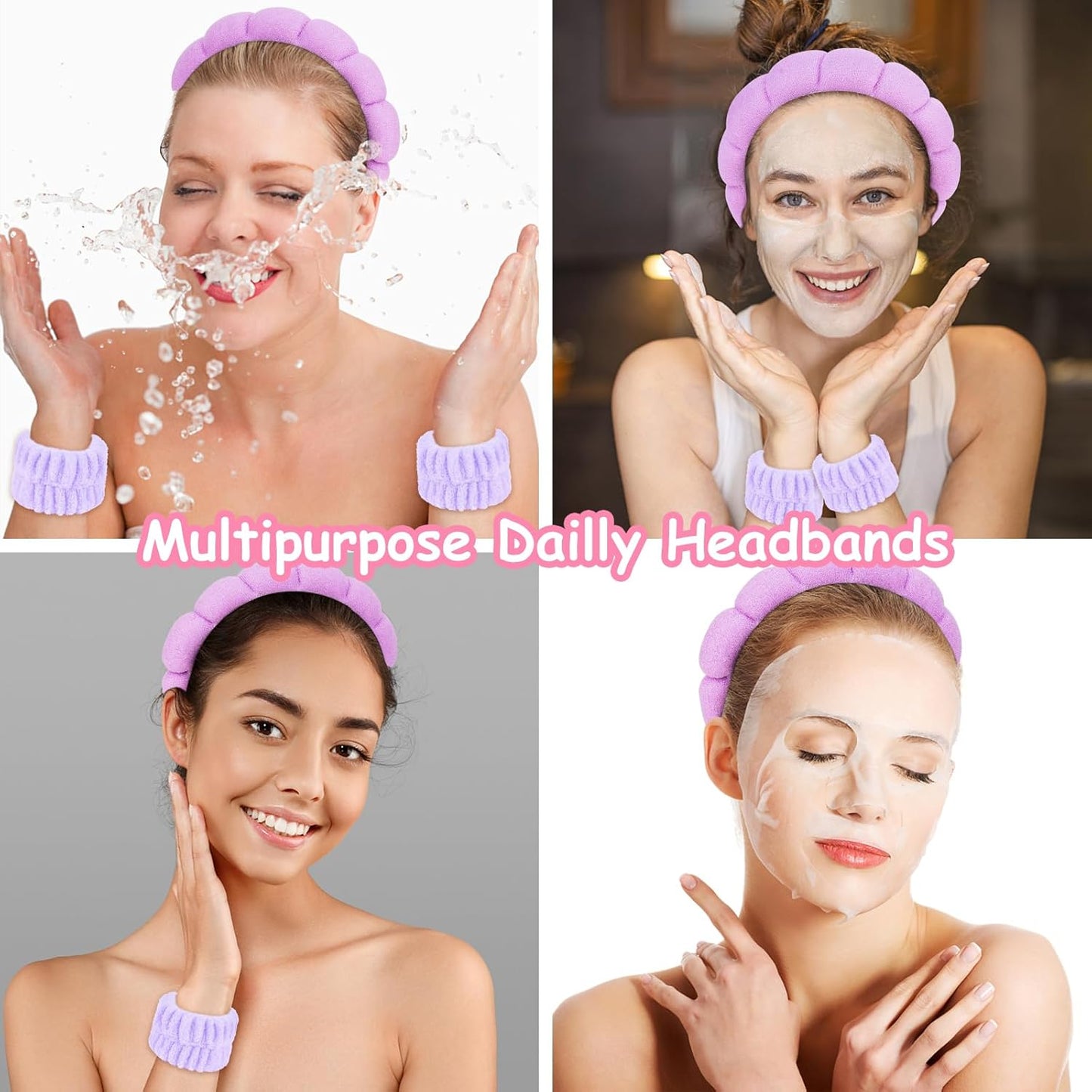 Ondder Pink Spa Headband and Wristband Set Makeup Spa Headband for Washing Face Bubble Skin Care Headbands Face Wash Sponge Puffy Headband Head Bands Hair Accessories for Women Girls